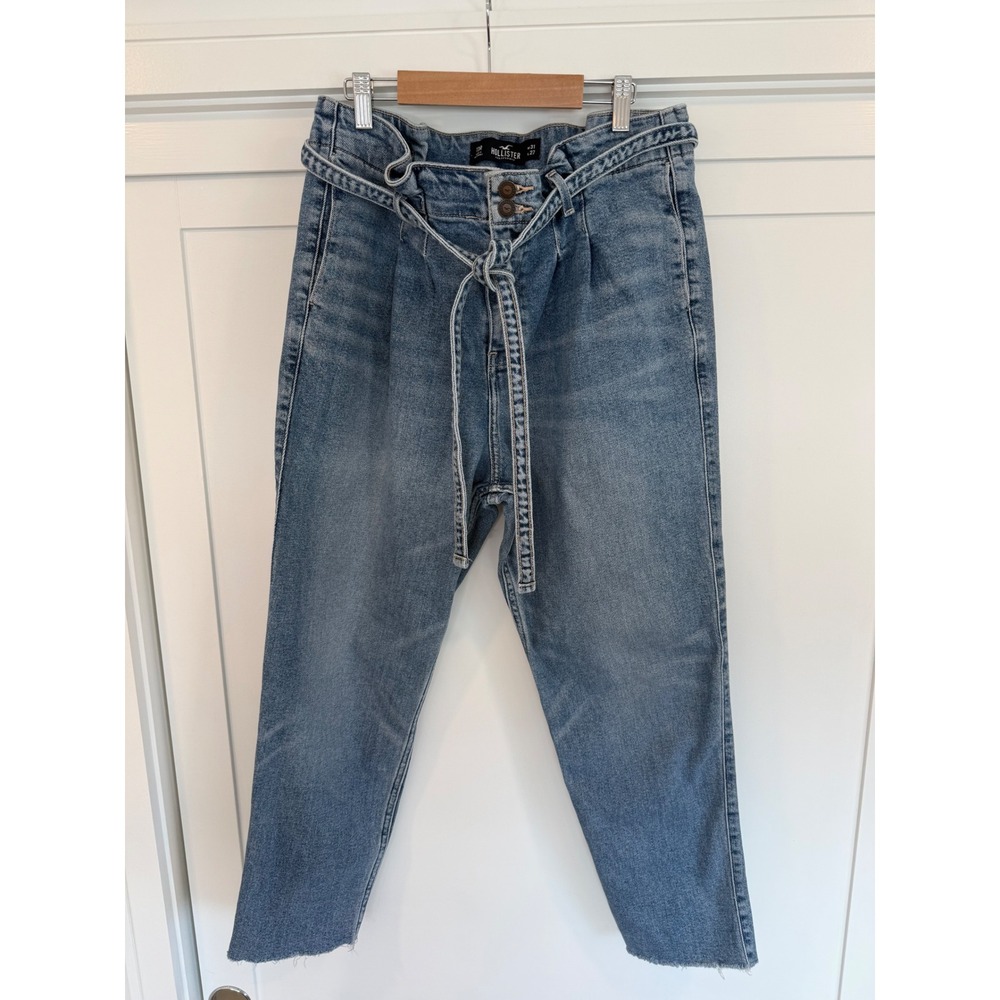 Hollister Curvy Ultra High-Rise Mom Jeans Blue Tie Waist Raw Hem 13R W31 L27